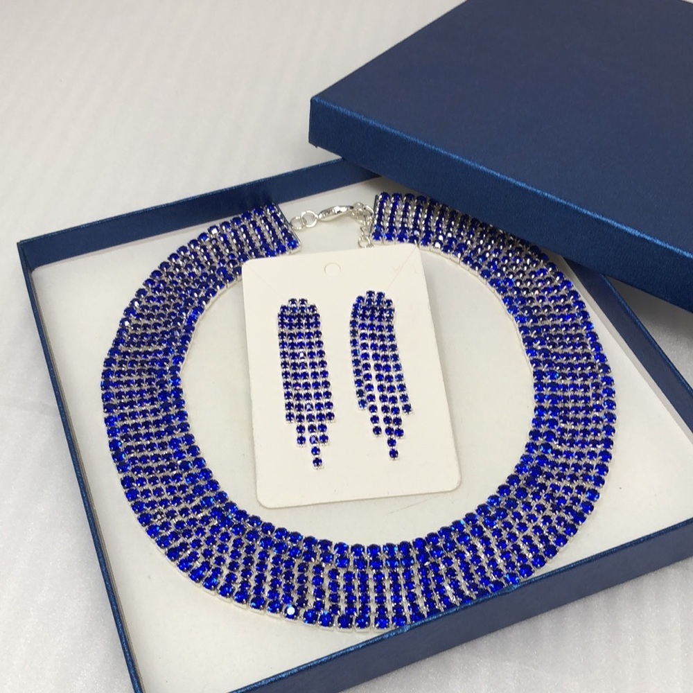 Cobalt Blue Crystal Statement Collar Necklace with Matching Earrings